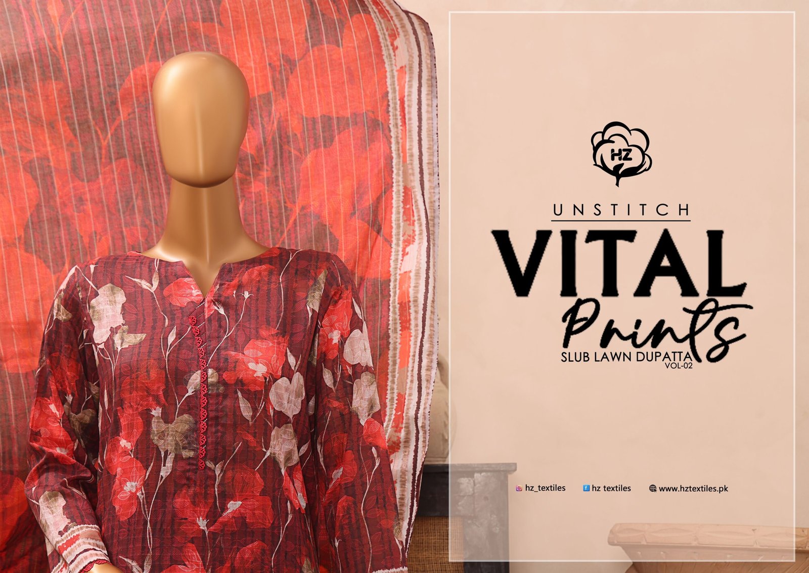 HZ Textiles – Vital Prints Collection Vol-2 2025 | Unstitched Lawn 3-Piece Suit