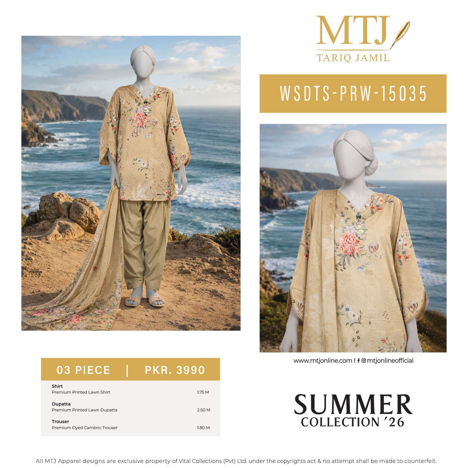 MTJ Digital Printed Lawn 3 Piece (Dastan e Gul) 2026